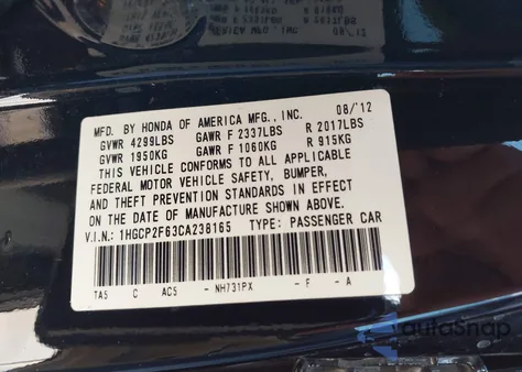 2012 Honda Accord 2.4 Se from USA, damaged, VIN 1HGCP2F63CA238165